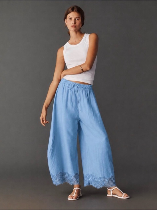Anthropologie Pants - Anthropologie Sky Blue Wide-Leg Drawstring Pants with Lace Hem